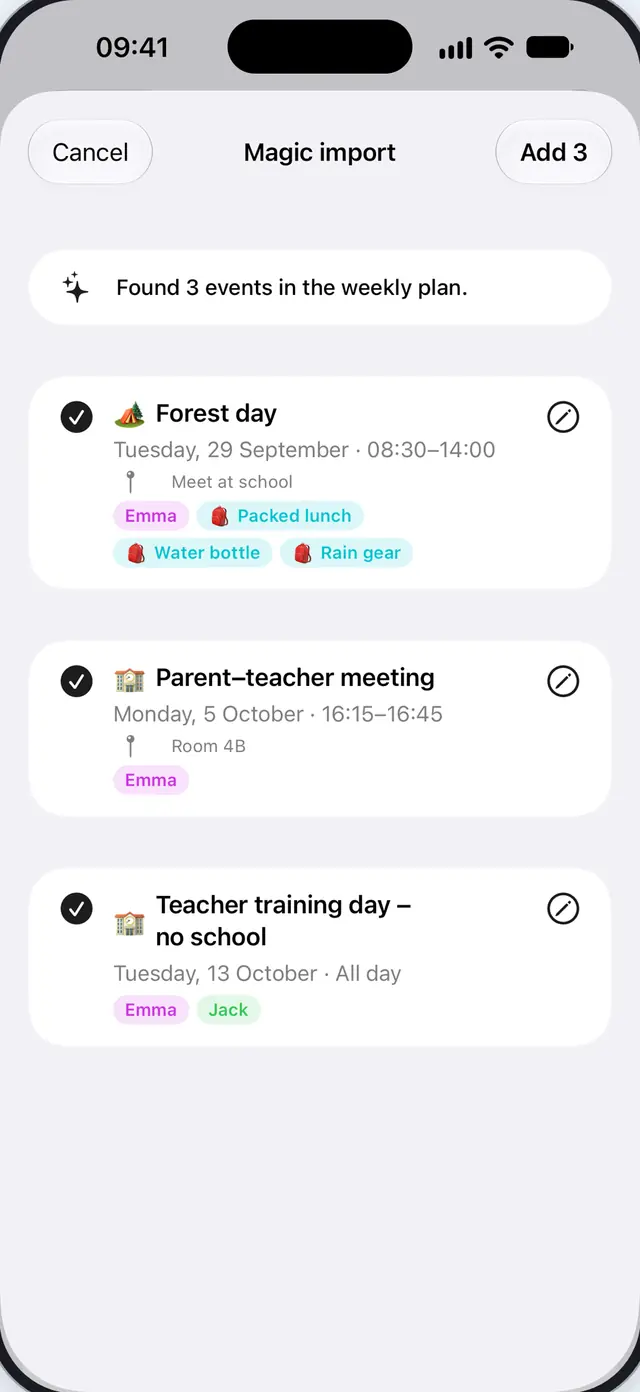 Magic import: three events found in the weekly plan from school