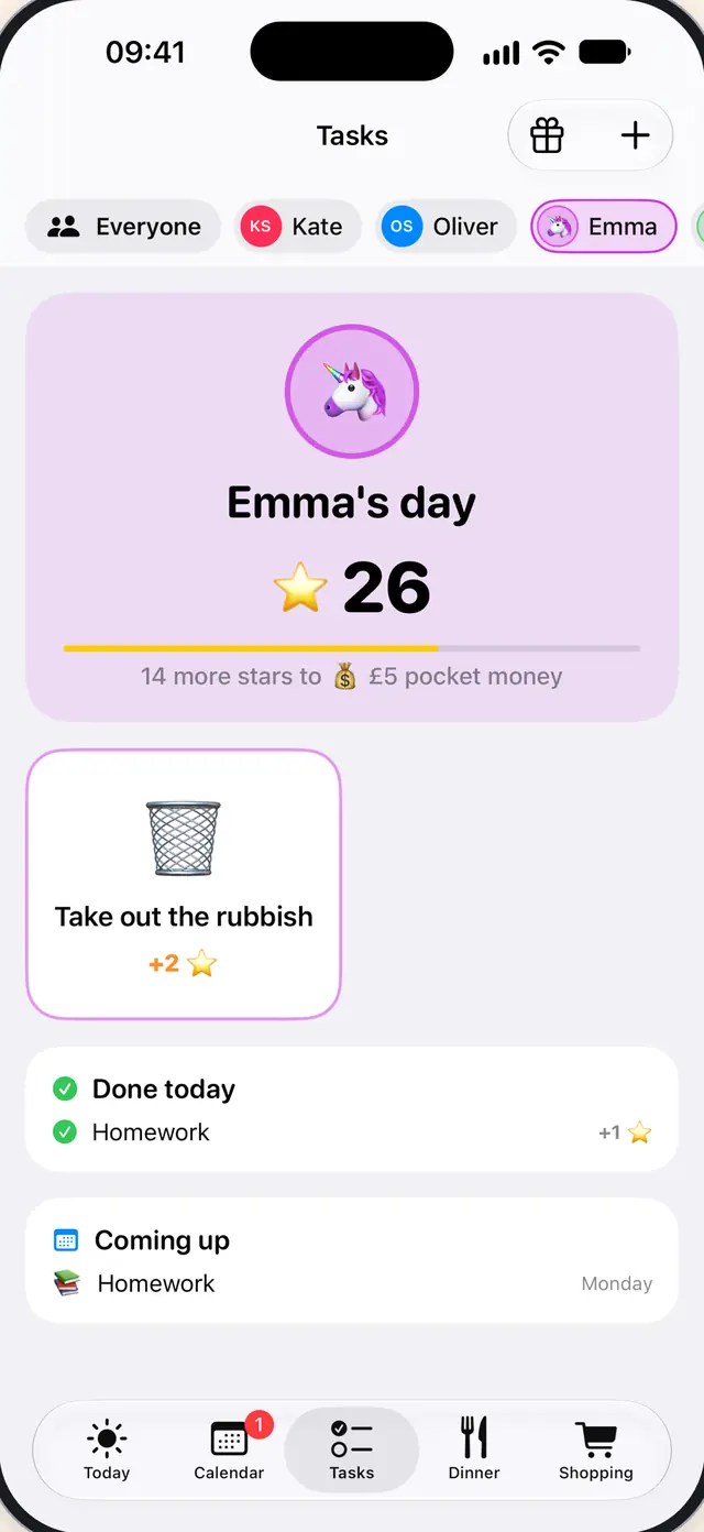 A child's page with today's chores and stars