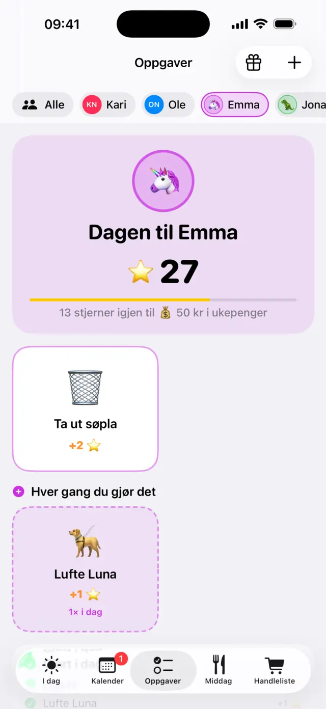 Barnets side med dagens gjøremål og stjerner