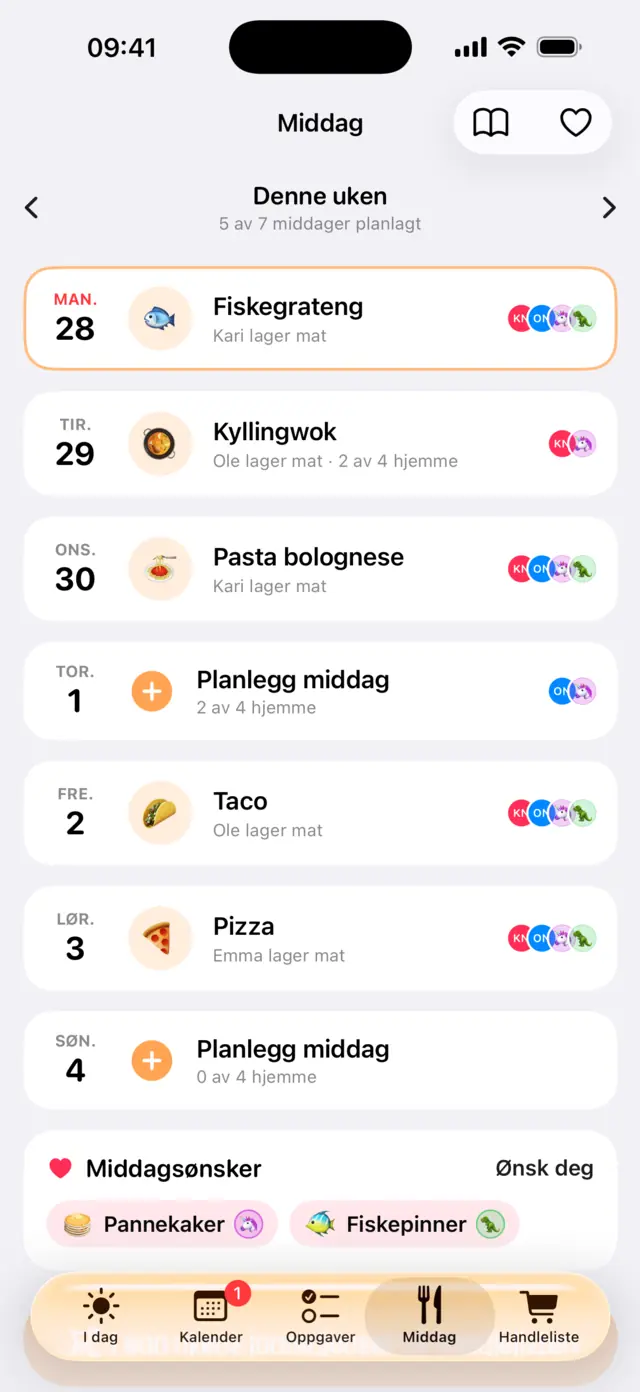 Middagsplan for uken