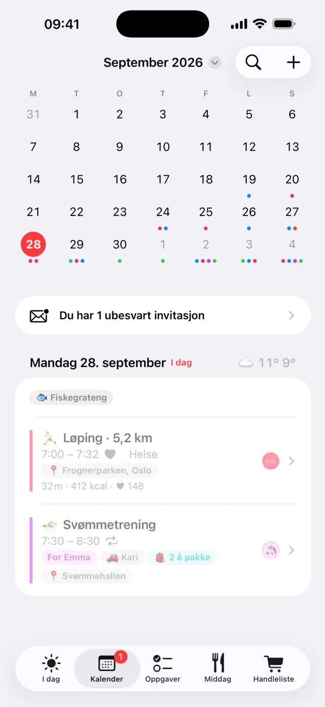 Månedsvisning med en farge for hver i familien