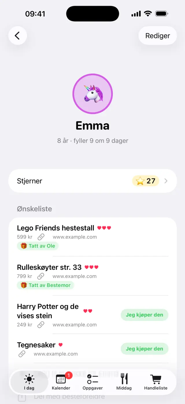 Emmas side med stjerner og ønskeliste