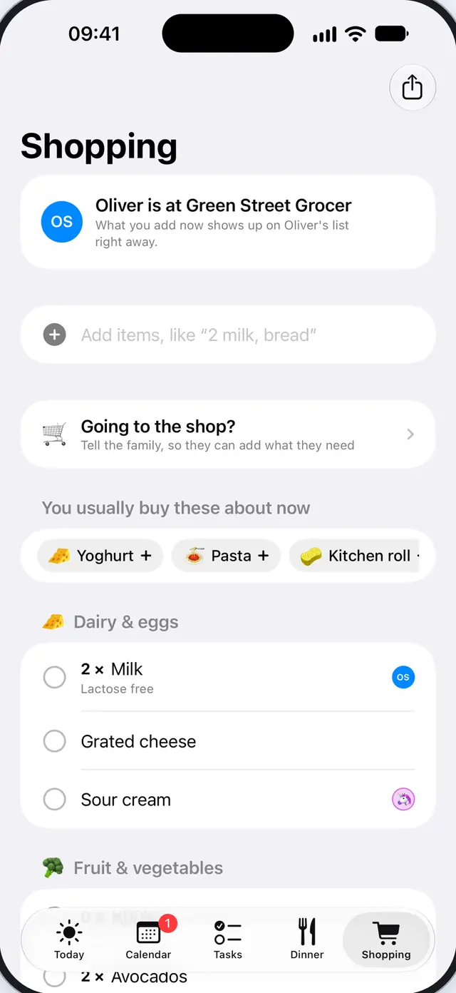 A shared shopping list sorted by aisle