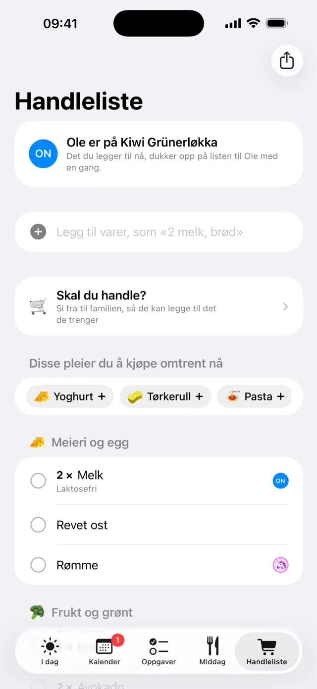 Felles handleliste sortert etter avdeling